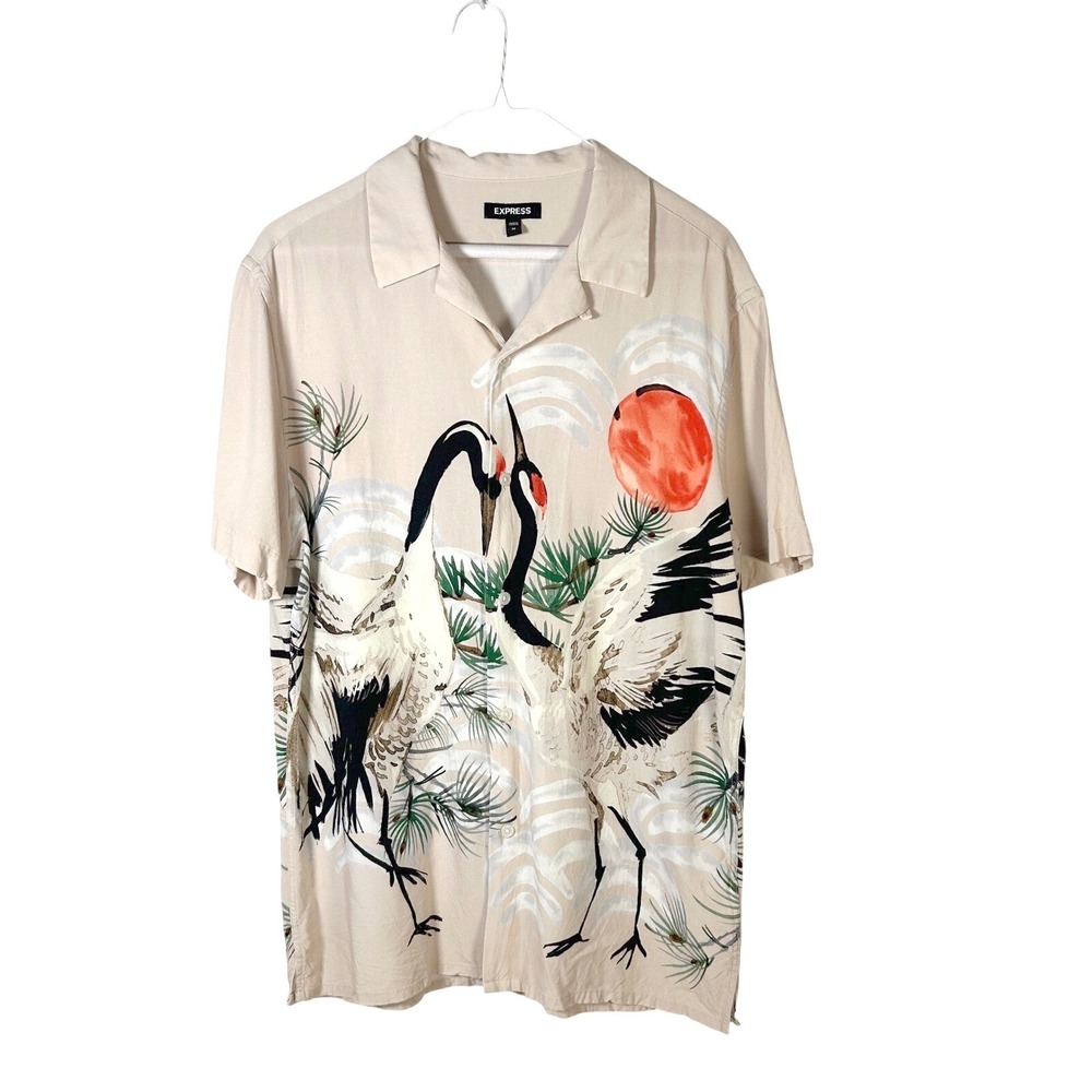 express mens‎ Medium button down hawaiian camp shirt large japanese crane print